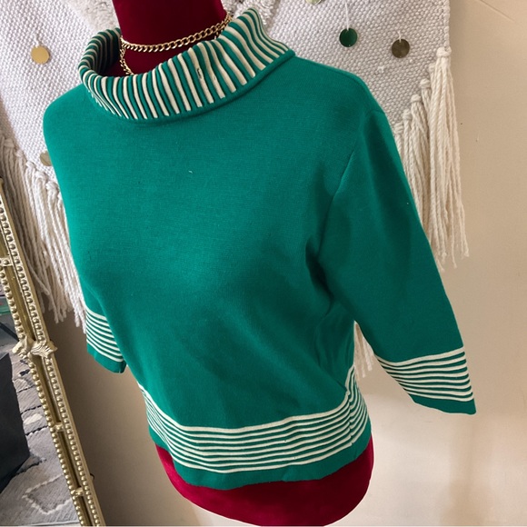 Vintage Heftco Knitwear Retro Sweater 3/4 Length Sleeve 100% Wool Green Beige - Picture 2 of 14